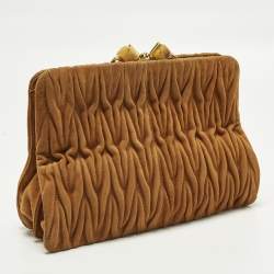 Pre Owned Miu Miu Kisslock Frame Brown Matelassé Suede Clutch