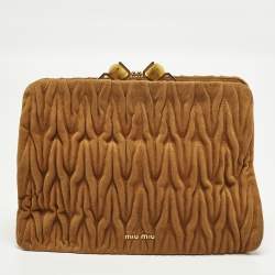 Pre Owned Miu Miu Kisslock Frame Brown Matelassé Suede Clutch