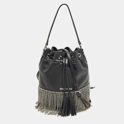 Pre Owned Miu Miu Crystal Fringe Black Leather Drawstring Bucket Bag