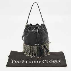 Pre Owned Miu Miu Crystal Fringe Black Leather Drawstring Bucket Bag