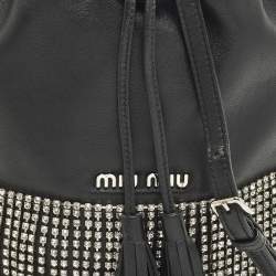 Pre Owned Miu Miu Crystal Fringe Black Leather Drawstring Bucket Bag