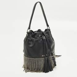 Pre Owned Miu Miu Crystal Fringe Black Leather Drawstring Bucket Bag