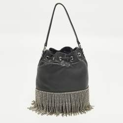 Pre Owned Miu Miu Crystal Fringe Black Leather Drawstring Bucket Bag