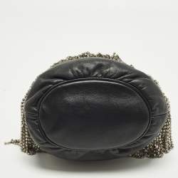 Pre Owned Miu Miu Crystal Fringe Black Leather Drawstring Bucket Bag