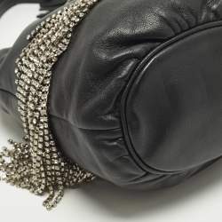 Pre Owned Miu Miu Crystal Fringe Black Leather Drawstring Bucket Bag