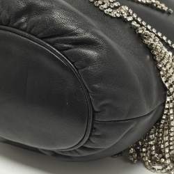 Pre Owned Miu Miu Crystal Fringe Black Leather Drawstring Bucket Bag