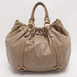 Pre Owned Miu Miu Gathered Beige Vitello Shine Leather Hobo