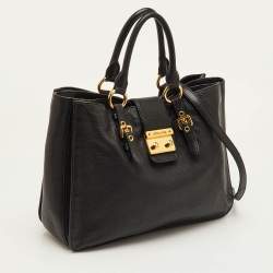 مملوكة مسبقًا Miu Miu Pushlock Black Madras Leather Tote