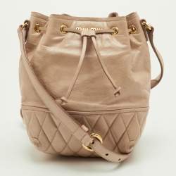 Pre Owned Miu Miu Beige Vitello Shine Leather Drawstring Bucket Bag
