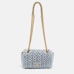 Pre Owned Miu Miu Logo Flap Light Blue Knit Fabric Chain Bag