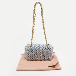 Pre Owned Miu Miu Logo Flap Light Blue Knit Fabric Chain Bag