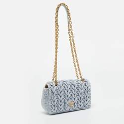 Pre Owned Miu Miu Logo Flap Light Blue Knit Fabric Chain Bag
