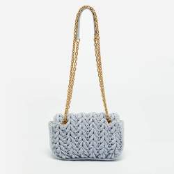 Pre Owned Miu Miu Logo Flap Light Blue Knit Fabric Chain Bag