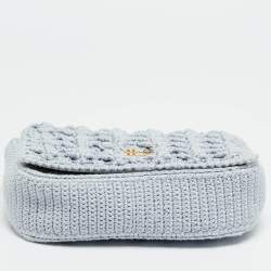 Pre Owned Miu Miu Logo Flap Light Blue Knit Fabric Chain Bag