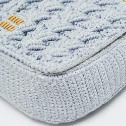 Pre Owned Miu Miu Logo Flap Light Blue Knit Fabric Chain Bag