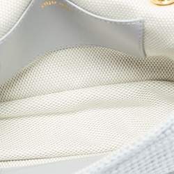 Pre Owned Miu Miu Logo Flap Light Blue Knit Fabric Chain Bag