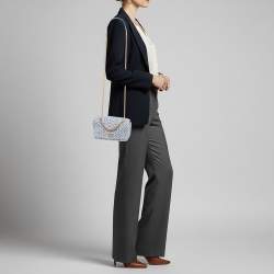 Pre Owned Miu Miu Logo Flap Light Blue Knit Fabric Chain Bag