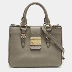 Pre Owned Miu Miu Pushlock Grey Madras Leather Tote