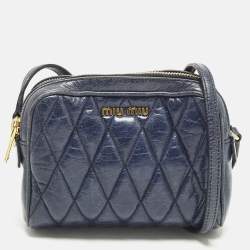 Pre Owned Miu Miu Navy Double Zip Navy Blue Matelassé Leather Crossbody Bag