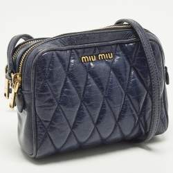 Pre Owned Miu Miu Navy Double Zip Navy Blue Matelassé Leather Crossbody Bag