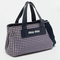 Pre Owned Miu Miu Blue/White Gingham Check Fabric Tote