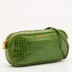 Pre Owned Miu Miu Green Croc Embossed Patent Leather Crossbody Bag