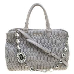 Miu Miu Grey Matelassé Nappa Leather Crystal Tote