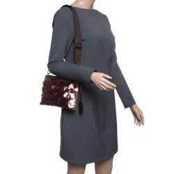 Miu Miu Brown Leather Windowpane Shell embellished Crossbody Bag