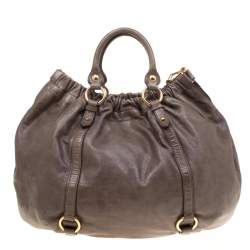 Pre Owned Miu Miu Taupe Vitello Lux Leather Gathered Hobo