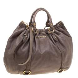 Pre Owned Miu Miu Taupe Vitello Lux Leather Gathered Hobo