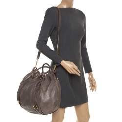 Pre Owned Miu Miu Taupe Vitello Lux Leather Gathered Hobo
