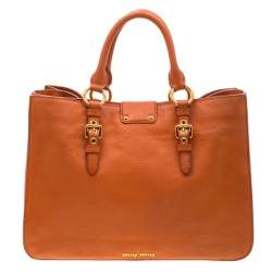 Pre Owned Miu Miu Orange Leather Large Madras Tote 