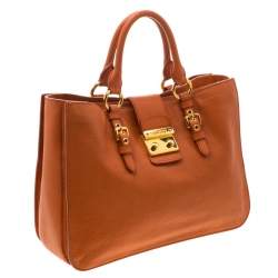 Pre Owned Miu Miu Orange Leather Large Madras Tote 