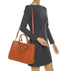 Pre Owned Miu Miu Orange Leather Large Madras Tote 