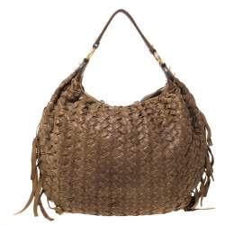 Miu Miu Brown Woven Leather Fringe Hobo