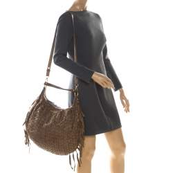 Miu Miu Brown Woven Leather Fringe Hobo