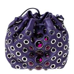 Pre Owned Miu Miu Purple Leather Grommet Embellished Drawstring Crossbody Bag