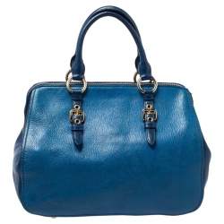Pre Owned Miu Miu Blue Leather Madras Bowler Bag