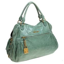 Pre Owned Miu Miu Mint Green Leather Lily Distressed Satchel
