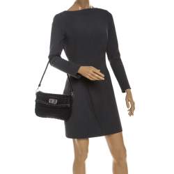 Pre Owned Miu Miu Black Matelasse Leather Crystal Embellished Turnlock Shoulder Bag