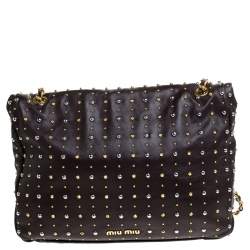 Pre Owned Miu Miu Brown Studded Leather Flap Chain Shoulder Bag