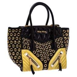 Miu Miu Black/Yellow Leather Grommet Biker Convertible Tote