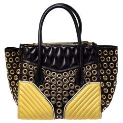 Miu Miu Black/Yellow Leather Grommet Biker Convertible Tote