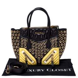 Miu Miu Black/Yellow Leather Grommet Biker Convertible Tote