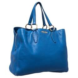 Pre Owned Miu Miu Blue Pebbled Leather Caribou Shopper Tote 