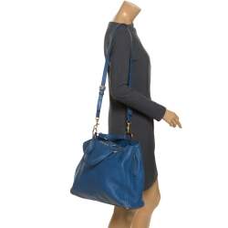 Pre Owned Miu Miu Blue Pebbled Leather Caribou Shopper Tote 