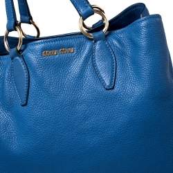 Pre Owned Miu Miu Blue Pebbled Leather Caribou Shopper Tote 