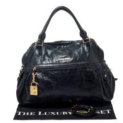 Miu Miu Black Leather Lily Distressed Satchel