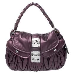 Pre Owned Miu Miu Metallic Purple Matelasse Lux Leather Coffer Hobo