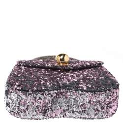 Miu Miu Pink/Silver Sequins and Lizard Round Metal Flap Top Handle Bag
